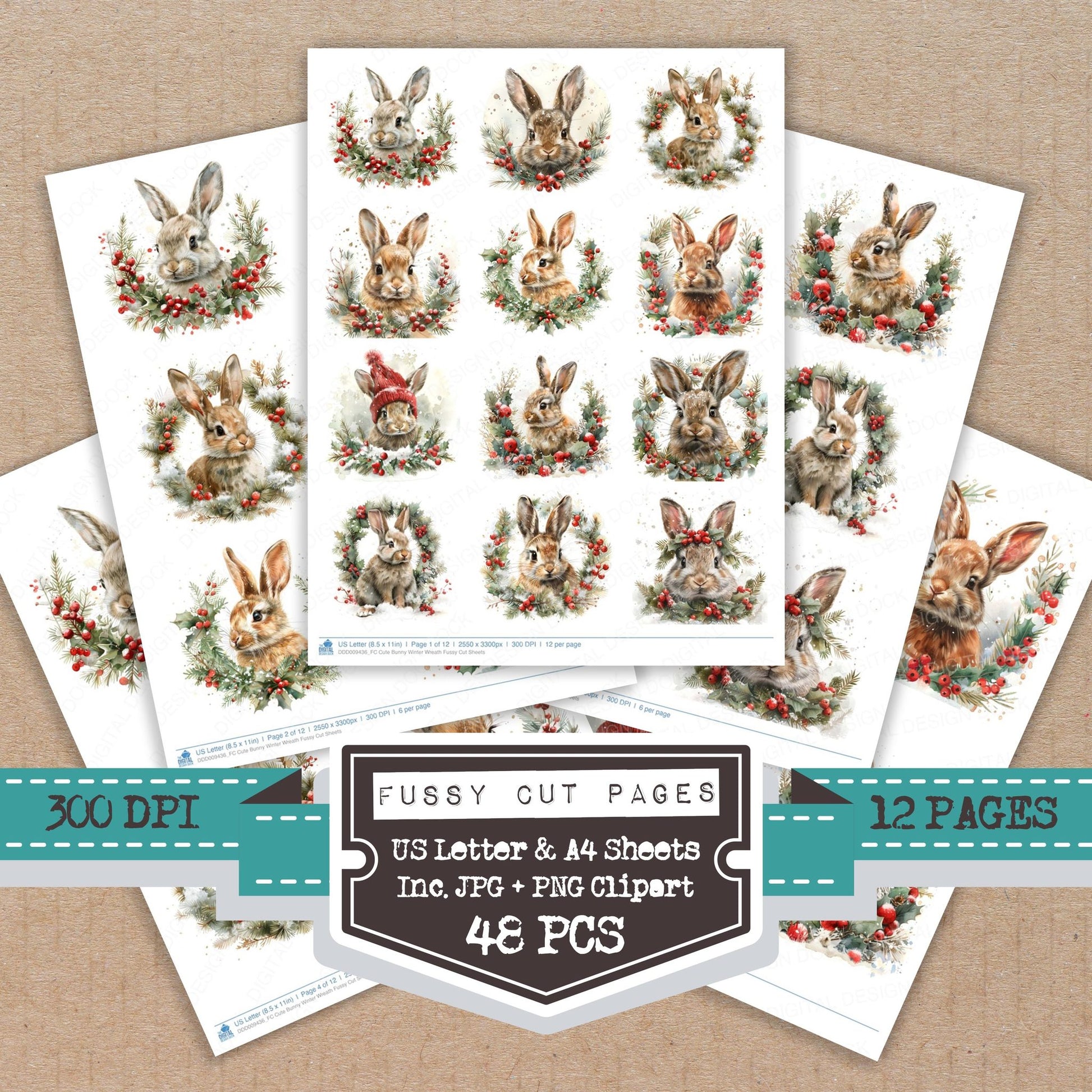 Cute Bunny Winter Wreath fussy cut printable sheets for junk journaling, scrapbooking, and paper craft projects