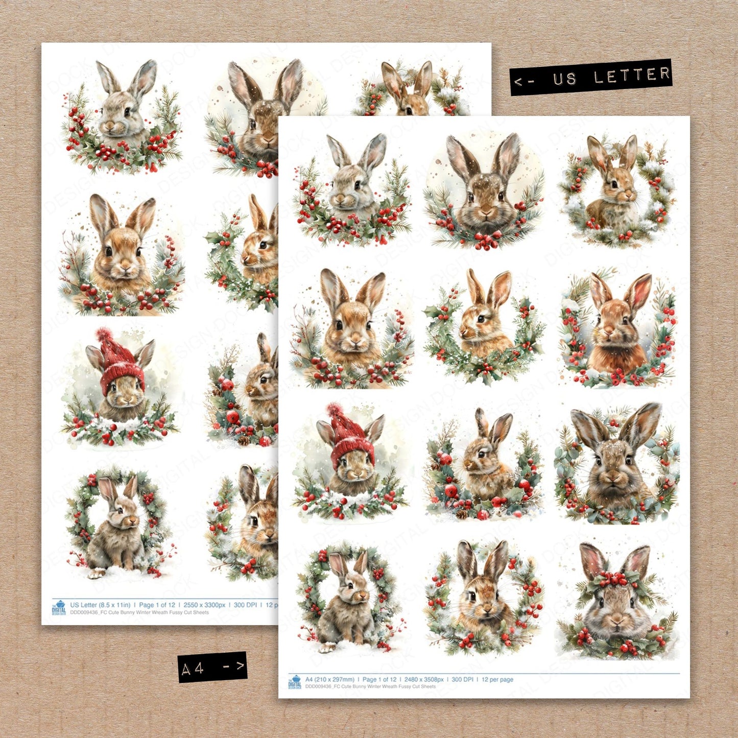 A4 and US Letter format comparison showing Cute Bunny Winter Wreath fussy cut pages for print and cut crafting