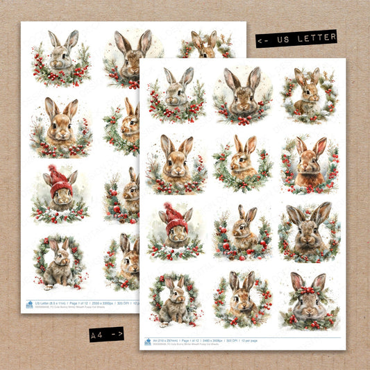 A4 and US Letter format comparison showing Cute Bunny Winter Wreath fussy cut pages for print and cut crafting