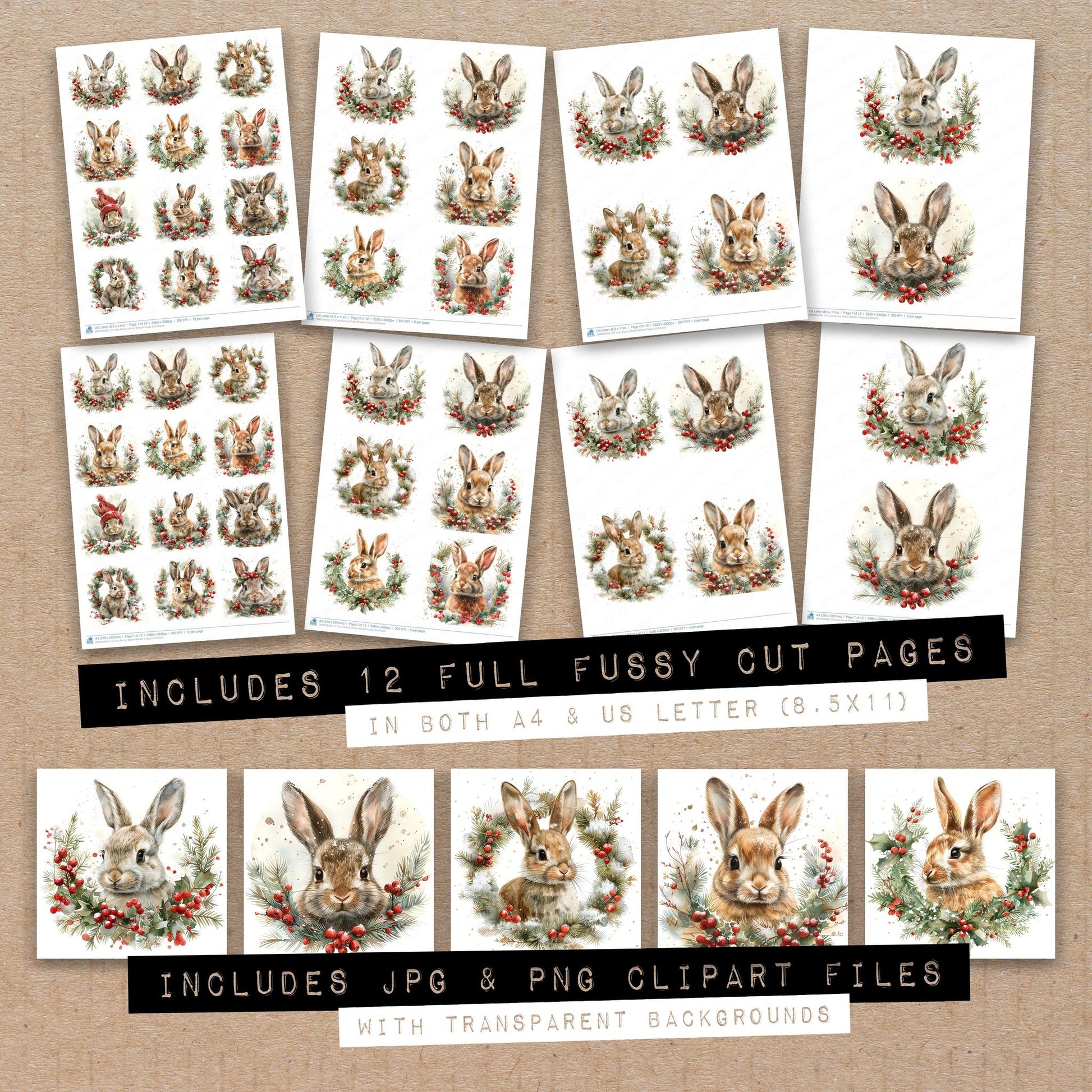 Full collection view of Cute Bunny Winter Wreath fussy cut sheets with bonus clipart JPG and PNG files
