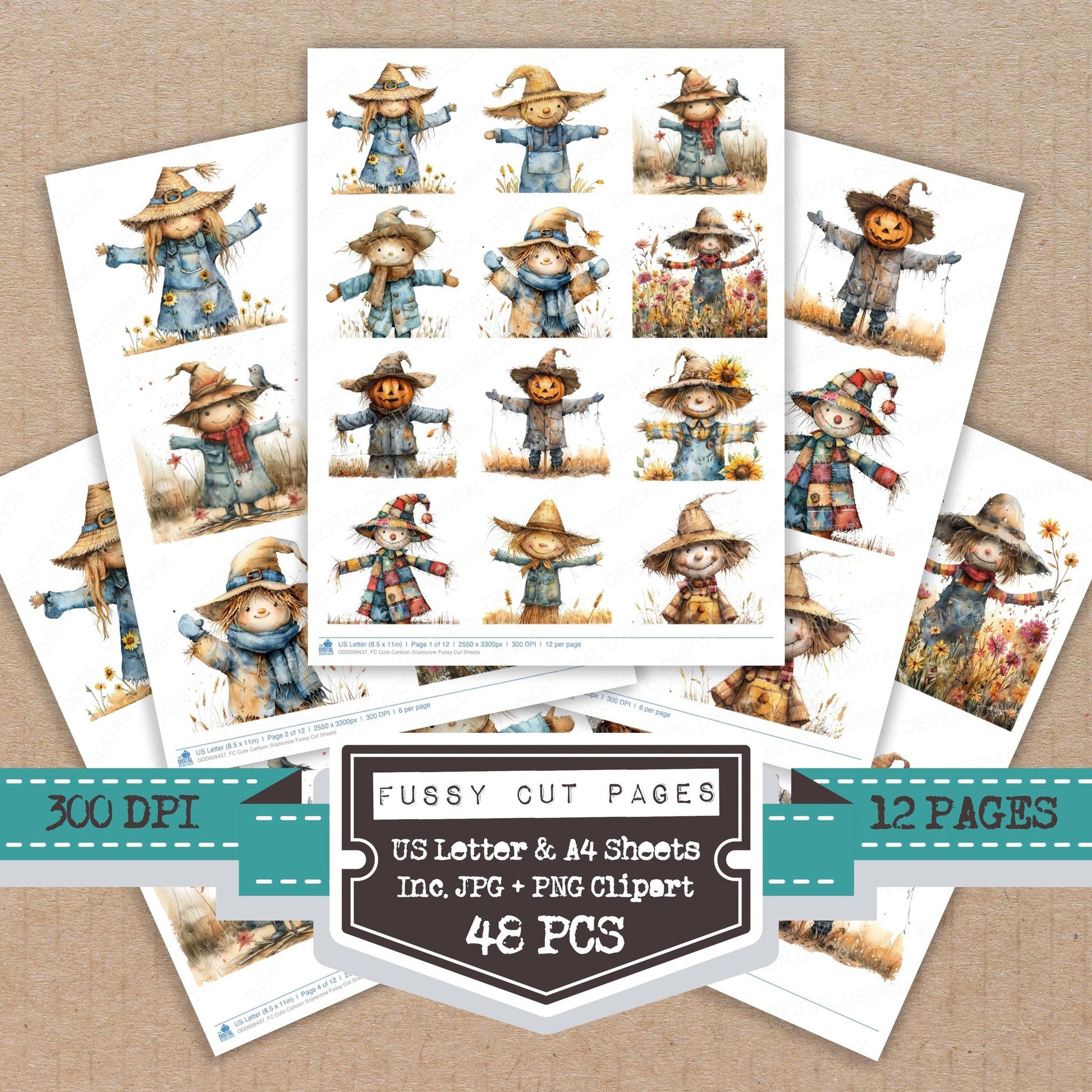 Cute Cartoon Scarecrow fussy cut printable sheets for junk journaling, scrapbooking, and paper craft projects