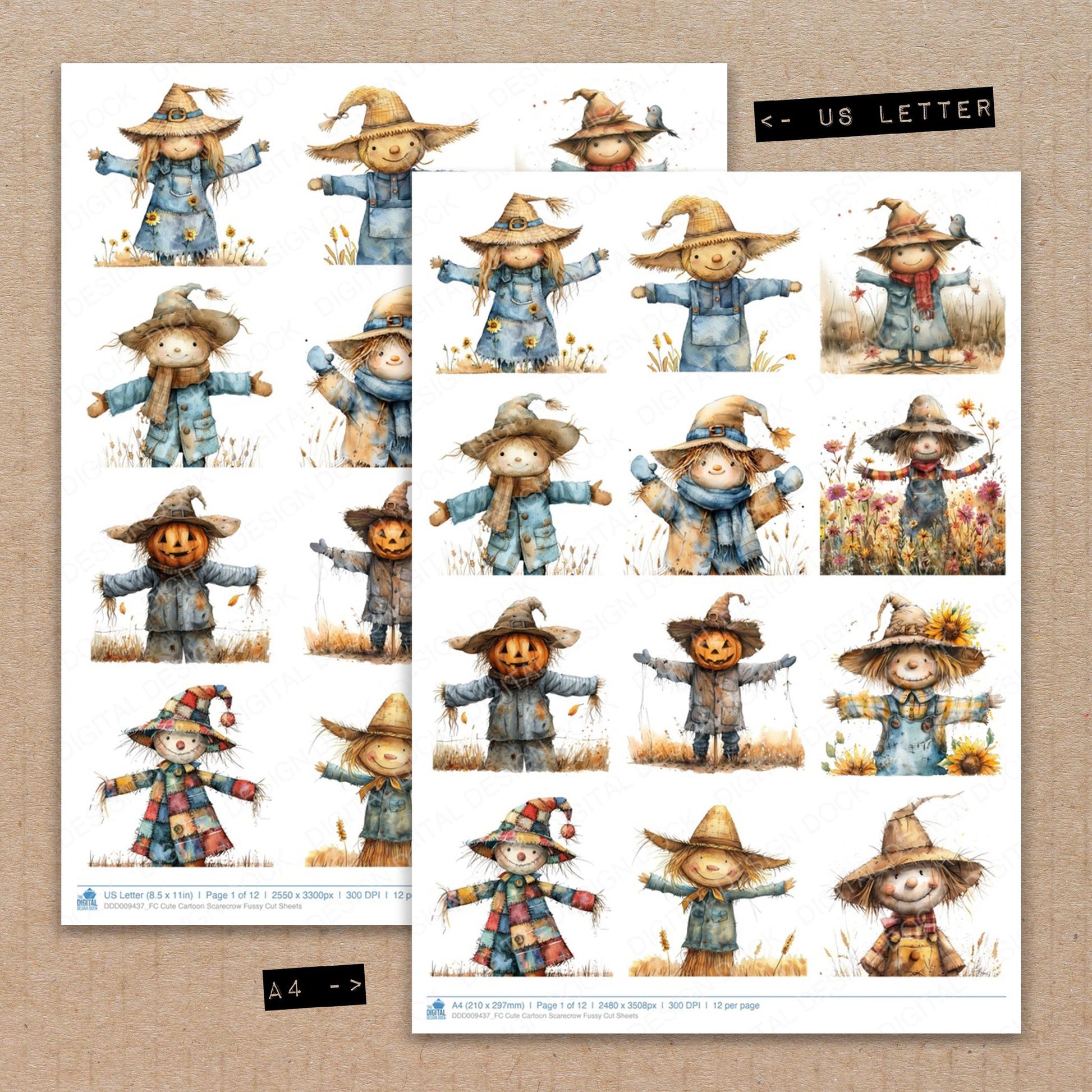 A4 and US Letter format comparison showing Cute Cartoon Scarecrow fussy cut pages for print and cut crafting