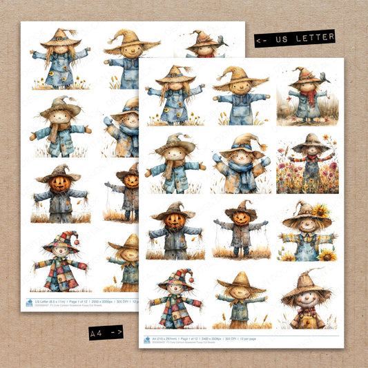 A4 and US Letter format comparison showing Cute Cartoon Scarecrow fussy cut pages for print and cut crafting