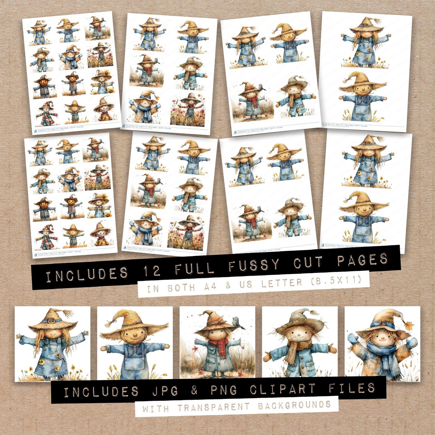 Full collection view of Cute Cartoon Scarecrow fussy cut sheets with bonus clipart JPG and PNG files