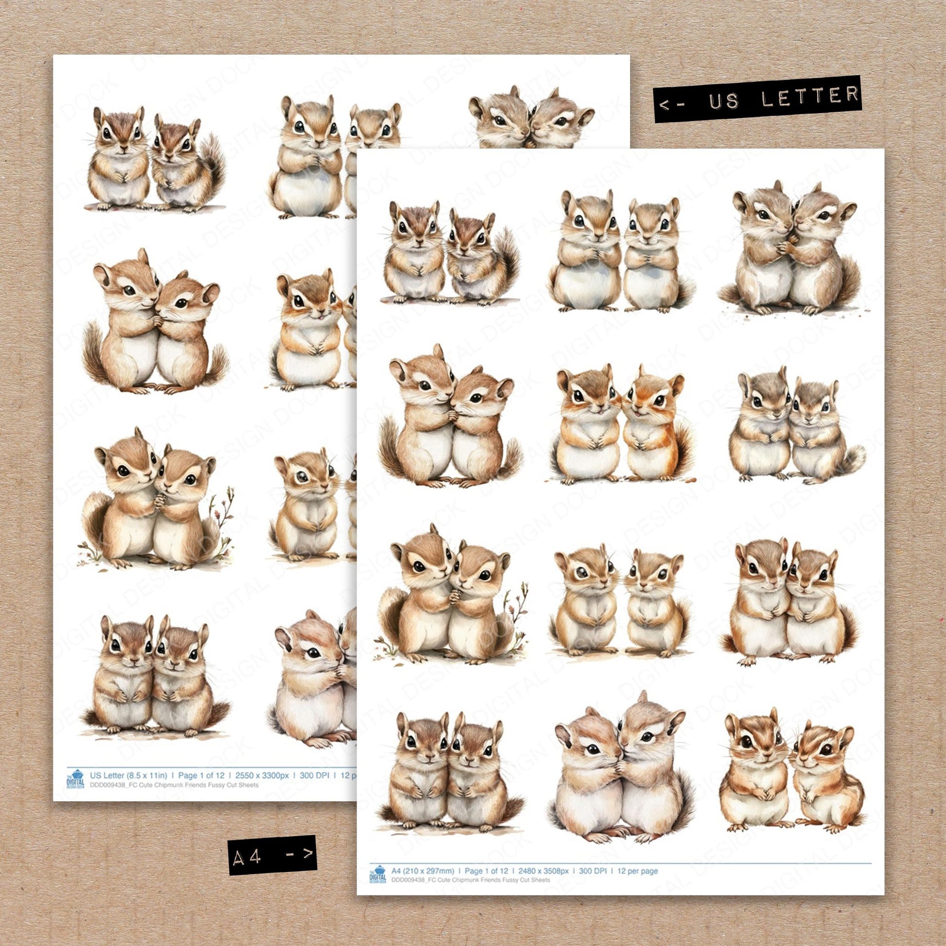 A4 and US Letter format comparison showing Cute Chipmunk Friends fussy cut pages for print and cut crafting