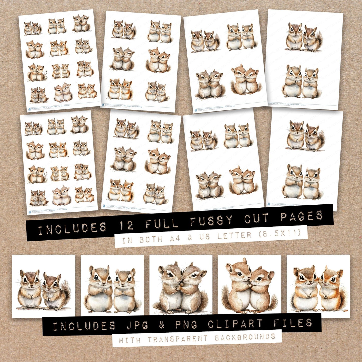 Full collection view of Cute Chipmunk Friends fussy cut sheets with bonus clipart JPG and PNG files