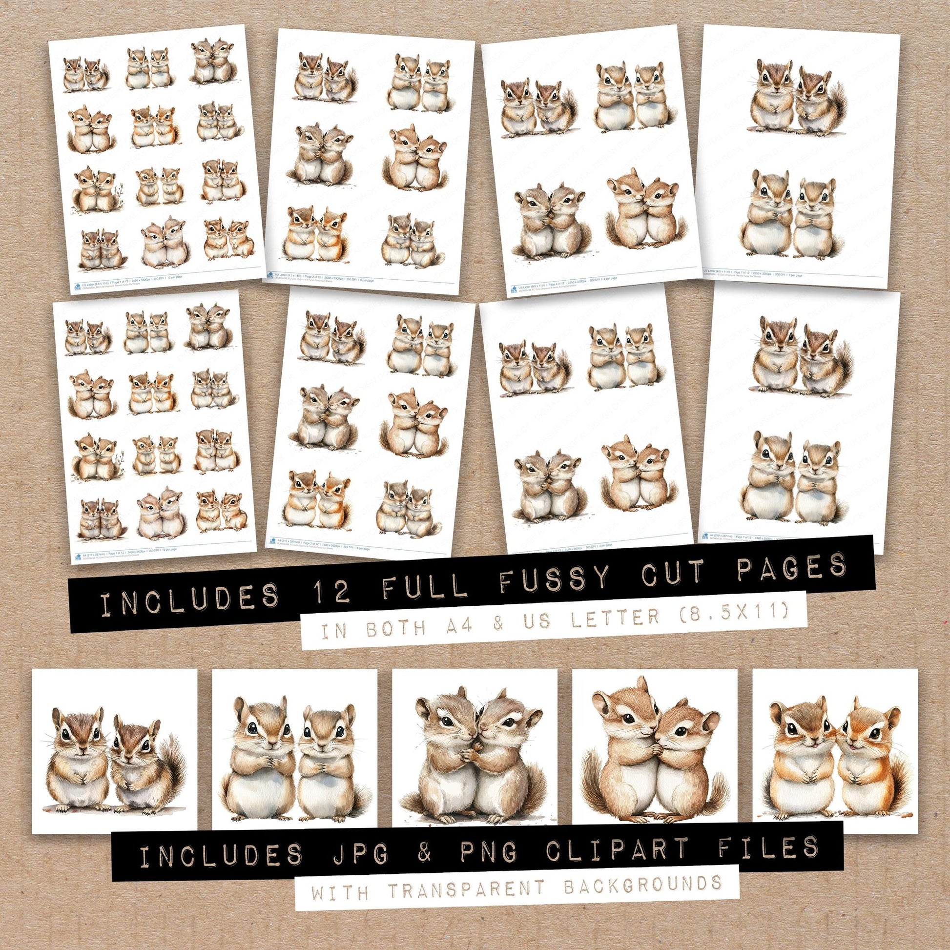 Full collection view of Cute Chipmunk Friends fussy cut sheets with bonus clipart JPG and PNG files