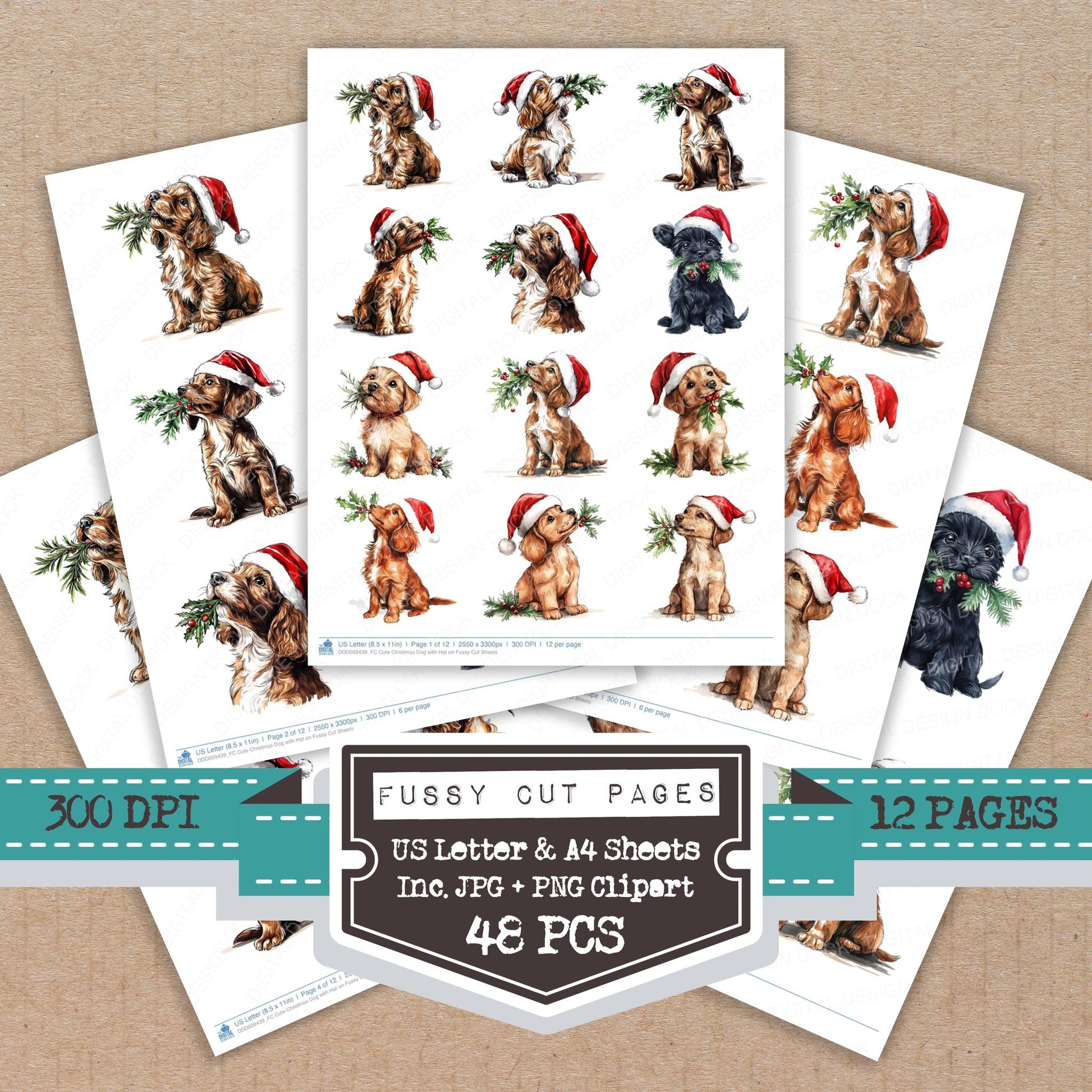 Cute Christmas Dog with Hat on fussy cut printable sheets for junk journaling, scrapbooking, and paper craft projects