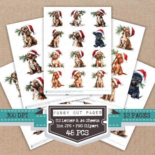 Cute Christmas Dog with Hat on fussy cut printable sheets for junk journaling, scrapbooking, and paper craft projects
