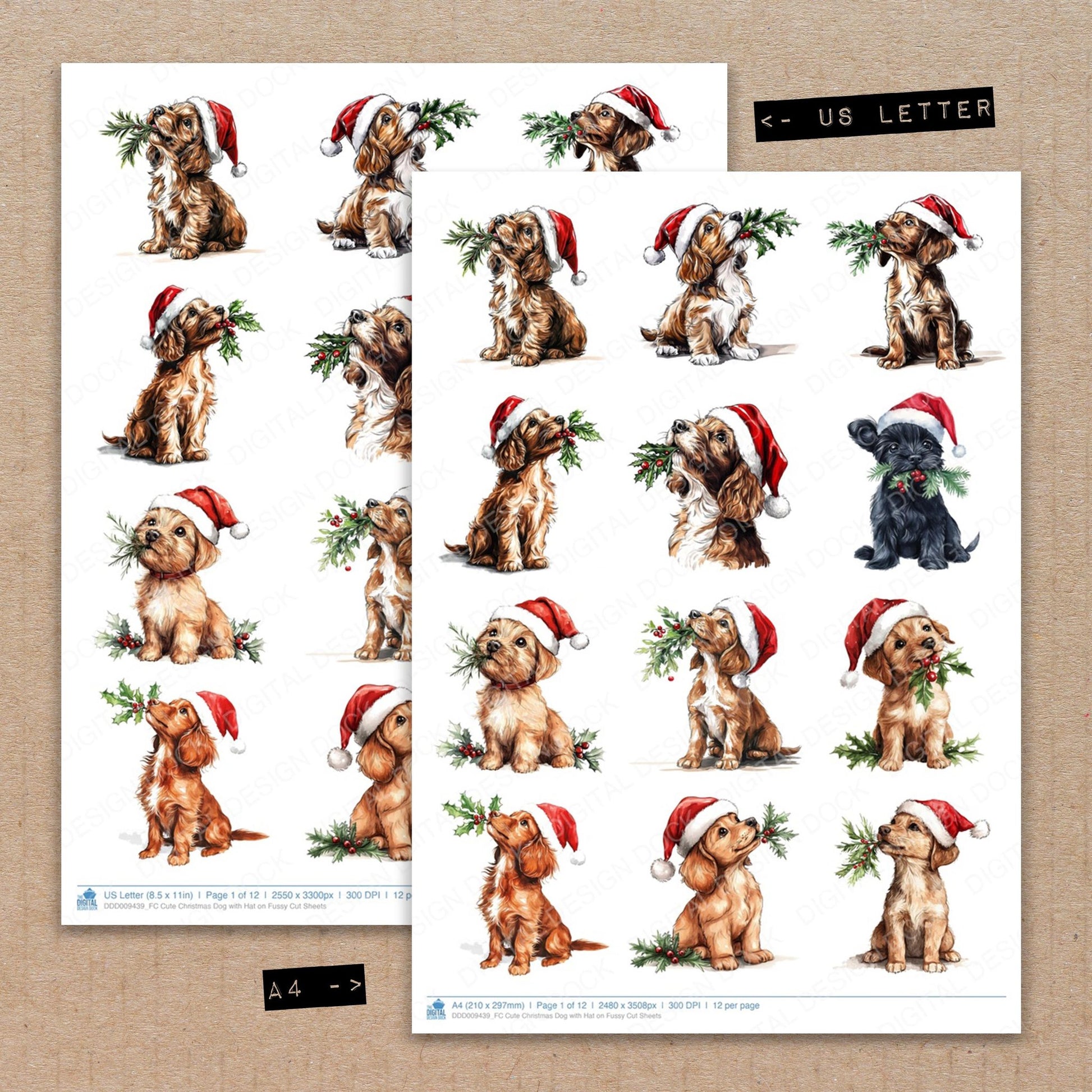 A4 and US Letter format comparison showing Cute Christmas Dog with Hat on fussy cut pages for print and cut crafting