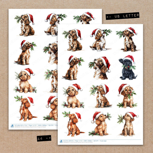 A4 and US Letter format comparison showing Cute Christmas Dog with Hat on fussy cut pages for print and cut crafting