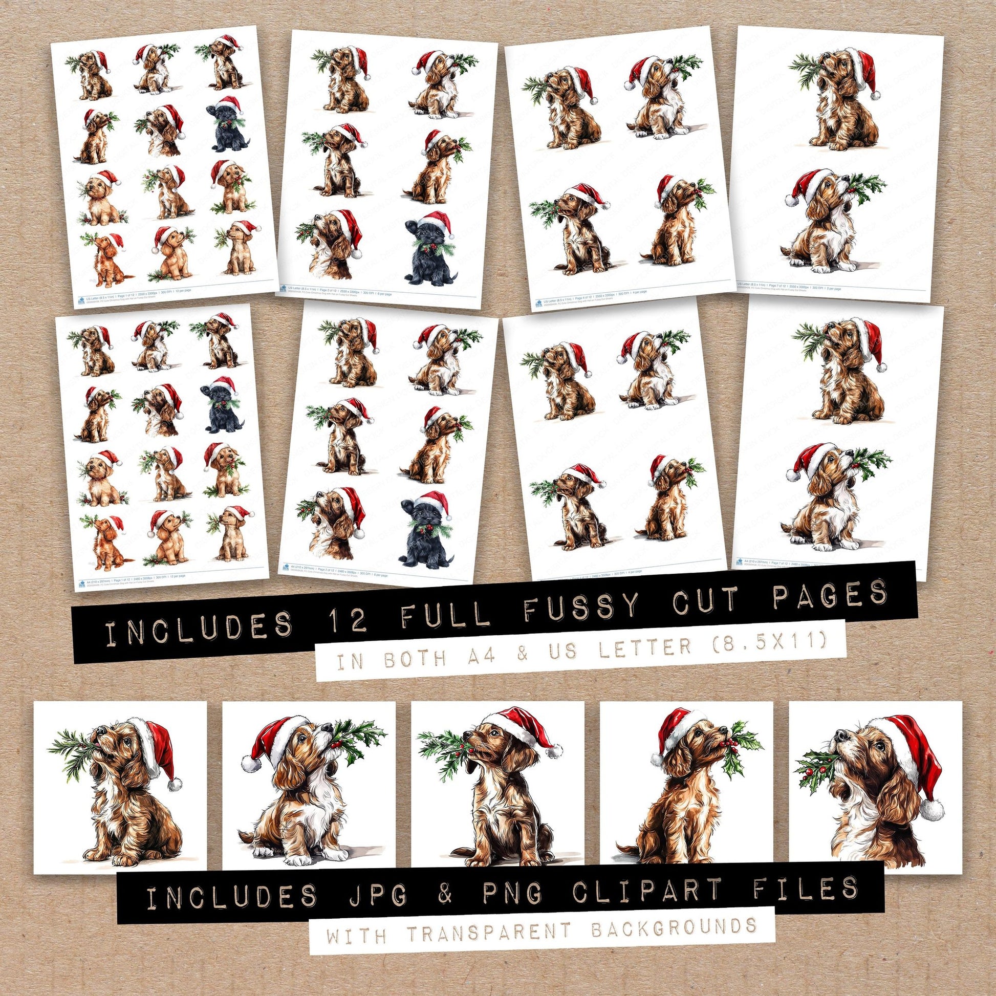 Full collection view of Cute Christmas Dog with Hat on fussy cut sheets with bonus clipart JPG and PNG files