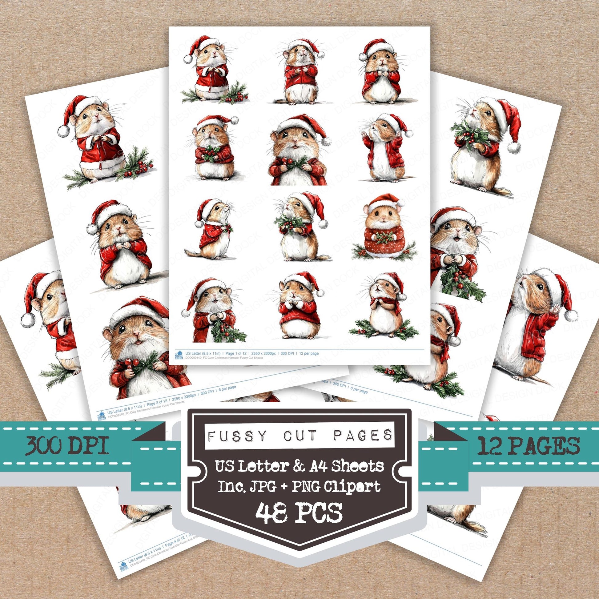 Cute Christmas Hamster fussy cut printable sheets for junk journaling, scrapbooking, and paper craft projects
