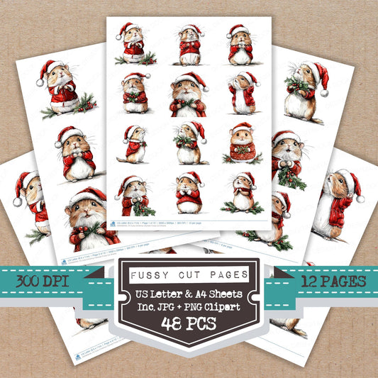 Cute Christmas Hamster fussy cut printable sheets for junk journaling, scrapbooking, and paper craft projects