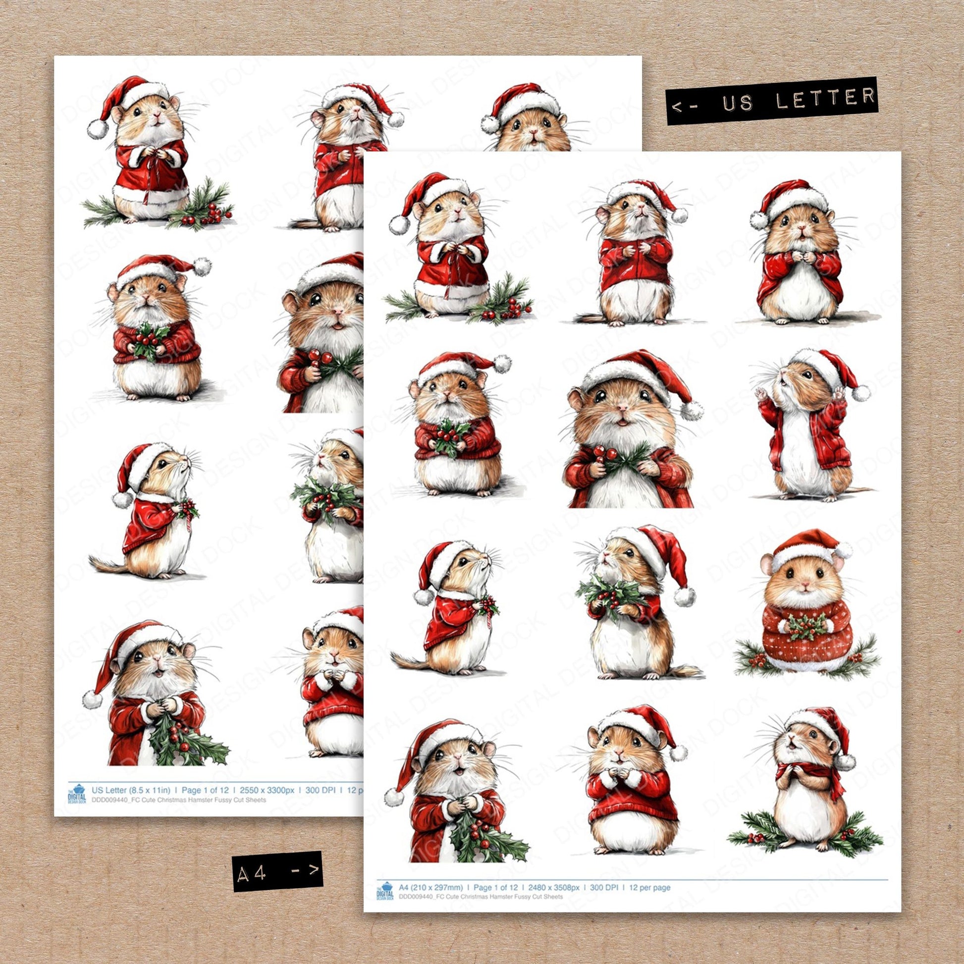 A4 and US Letter format comparison showing Cute Christmas Hamster fussy cut pages for print and cut crafting