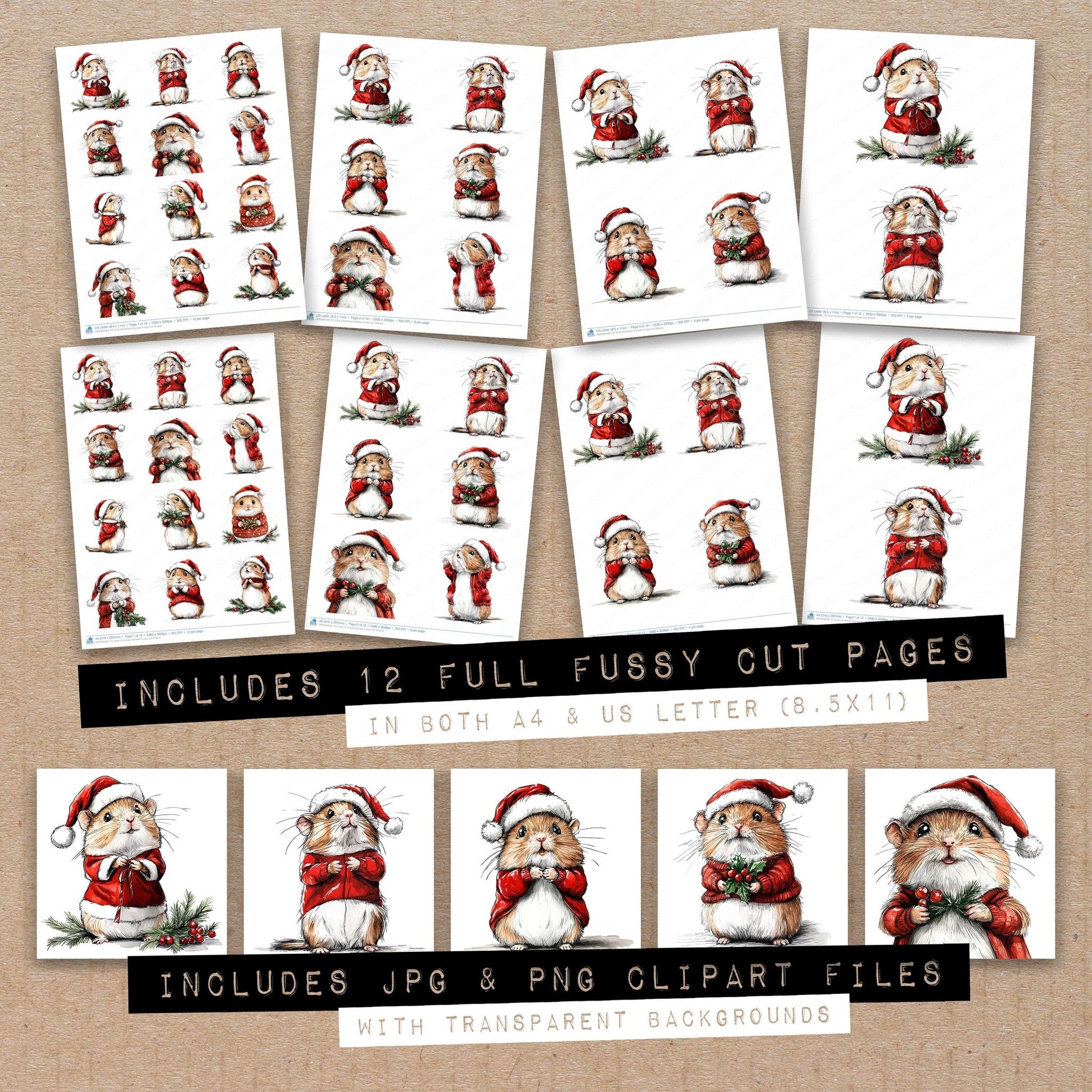 Full collection view of Cute Christmas Hamster fussy cut sheets with bonus clipart JPG and PNG files
