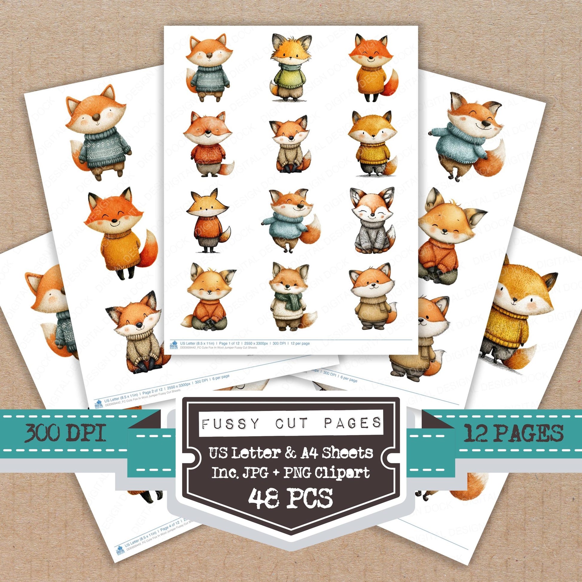 Cute Fox In Wool Jumper fussy cut printable sheets for junk journaling, scrapbooking, and paper craft projects