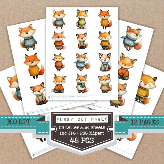 Cute Fox In Wool Jumper fussy cut printable sheets for junk journaling, scrapbooking, and paper craft projects