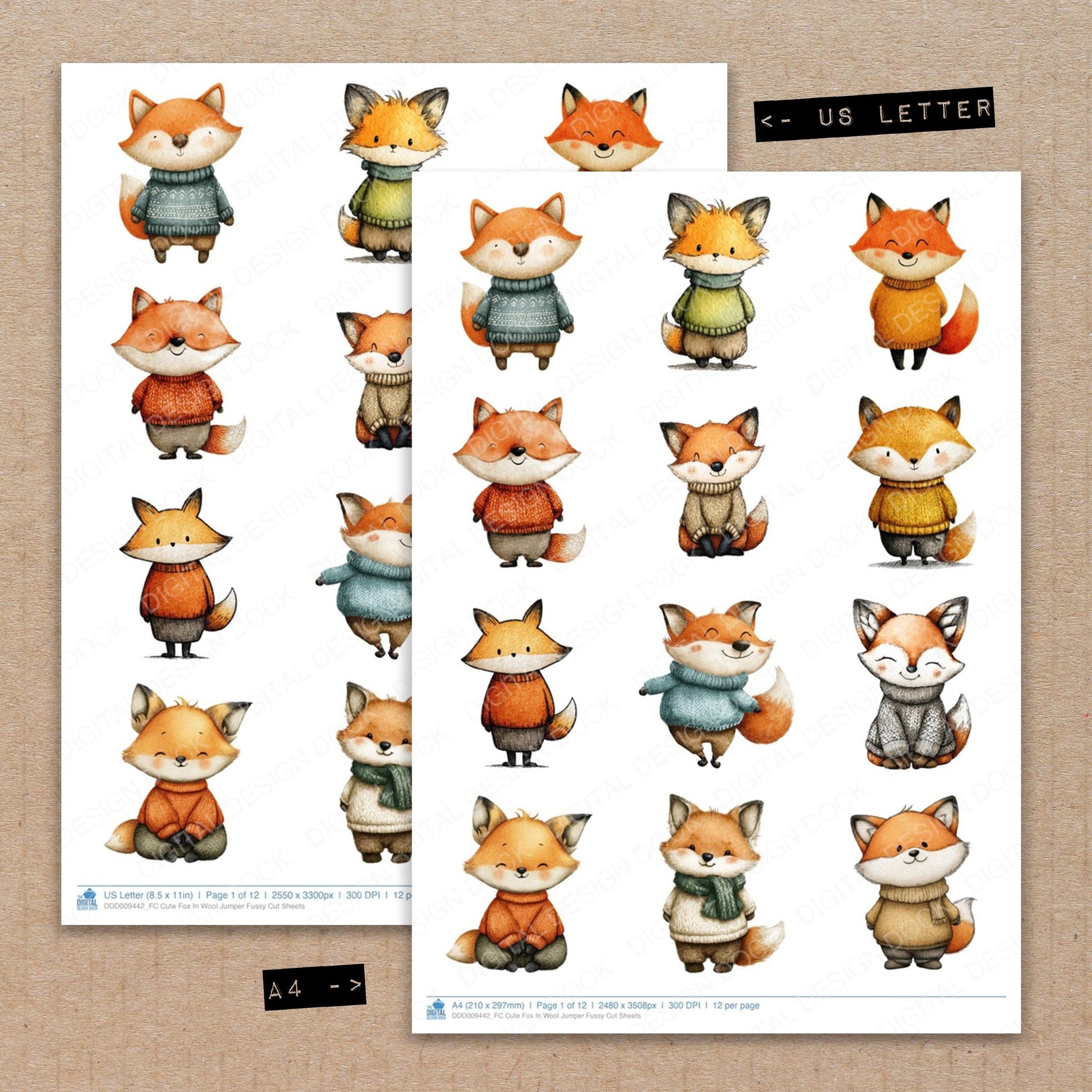 A4 and US Letter format comparison showing Cute Fox In Wool Jumper fussy cut pages for print and cut crafting