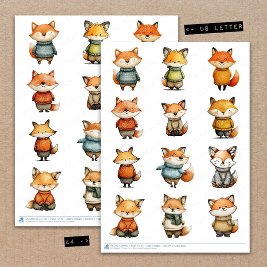 A4 and US Letter format comparison showing Cute Fox In Wool Jumper fussy cut pages for print and cut crafting
