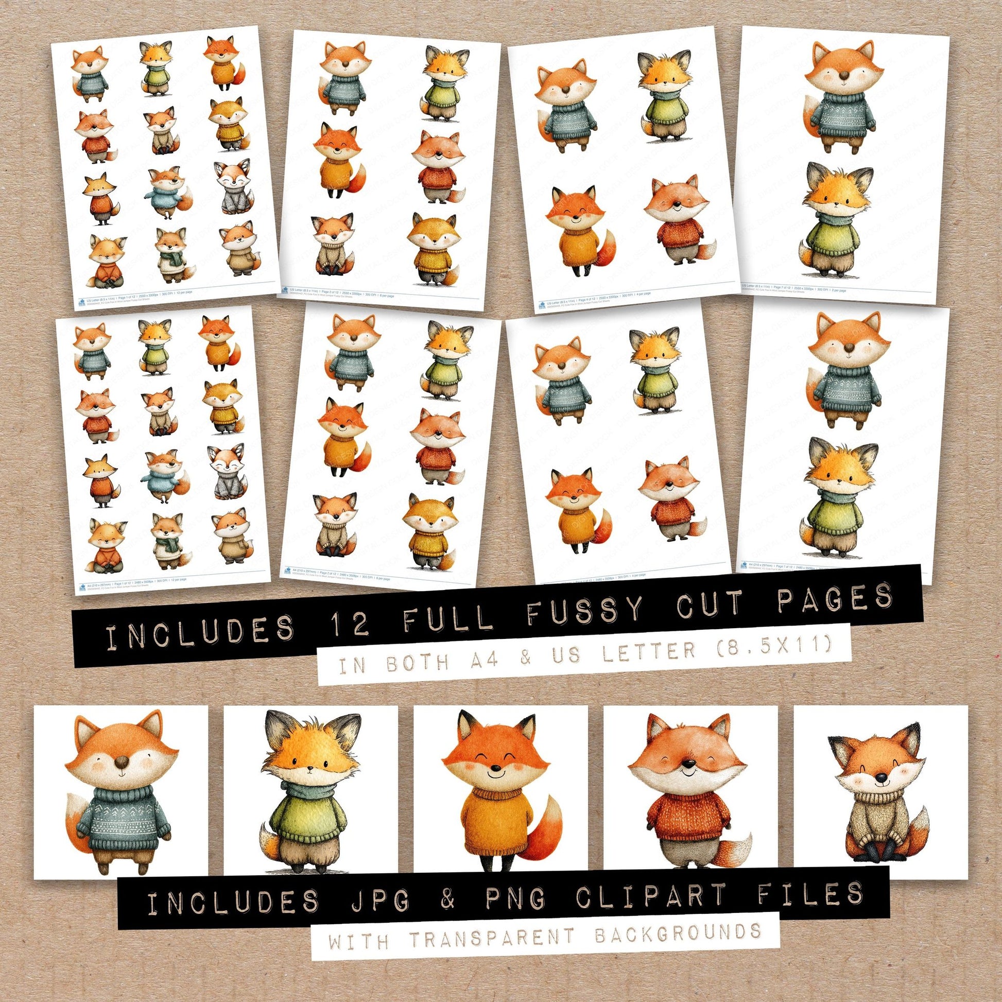 Full collection view of Cute Fox In Wool Jumper fussy cut sheets with bonus clipart JPG and PNG files