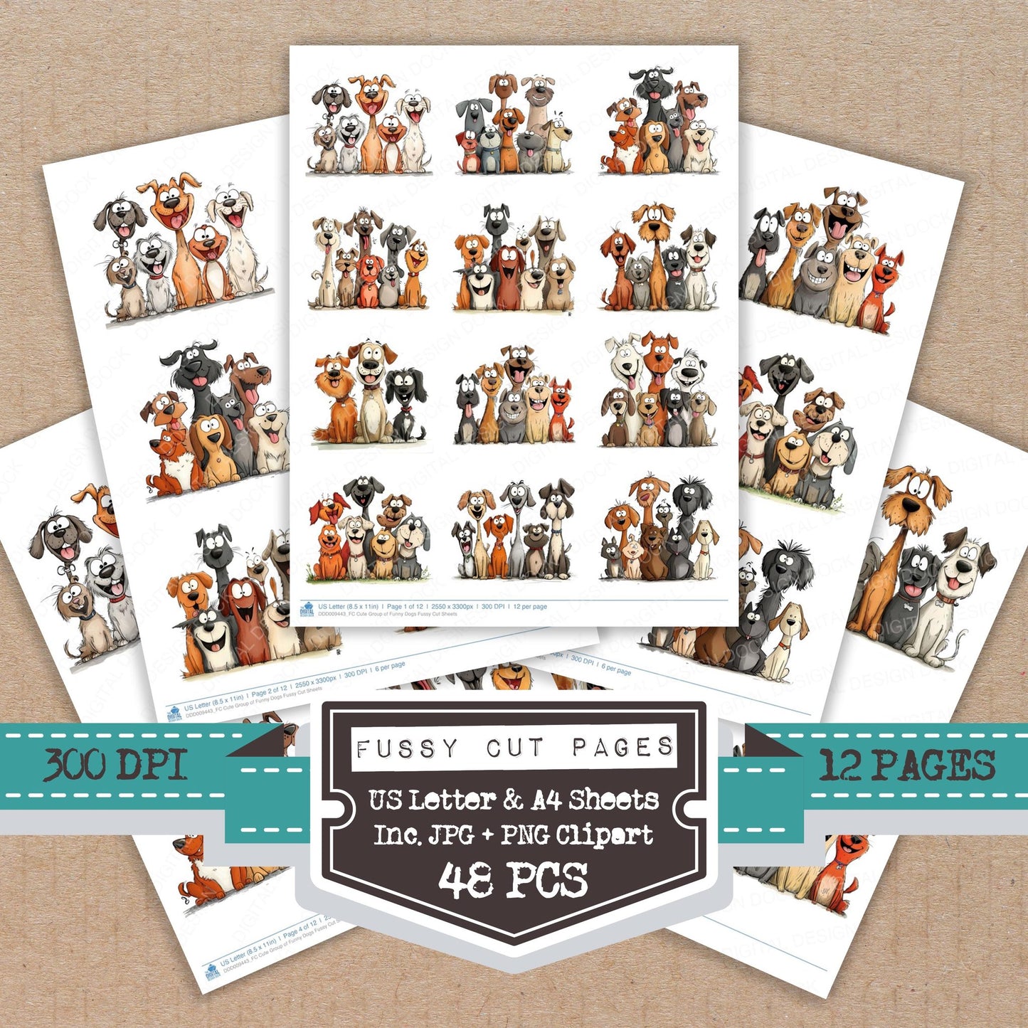 Cute Group of Funny Dogs fussy cut printable sheets for junk journaling, scrapbooking, and paper craft projects