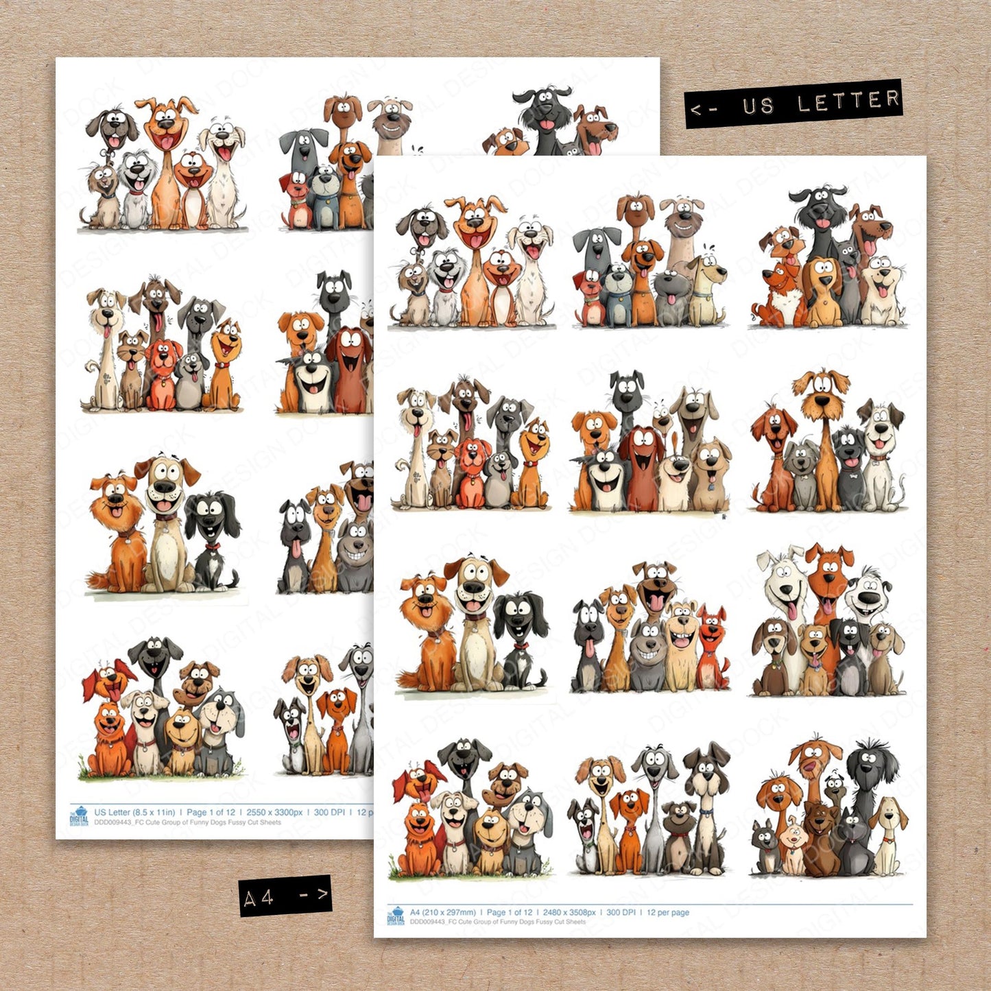 A4 and US Letter format comparison showing Cute Group of Funny Dogs fussy cut pages for print and cut crafting