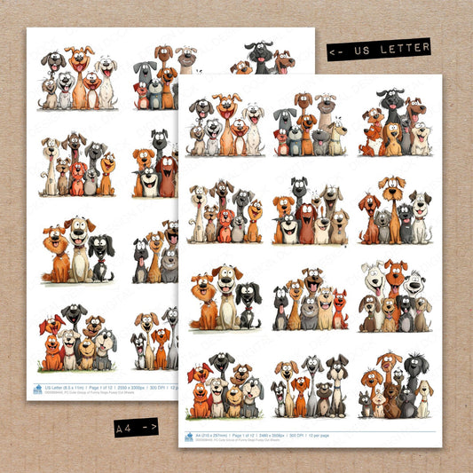 A4 and US Letter format comparison showing Cute Group of Funny Dogs fussy cut pages for print and cut crafting