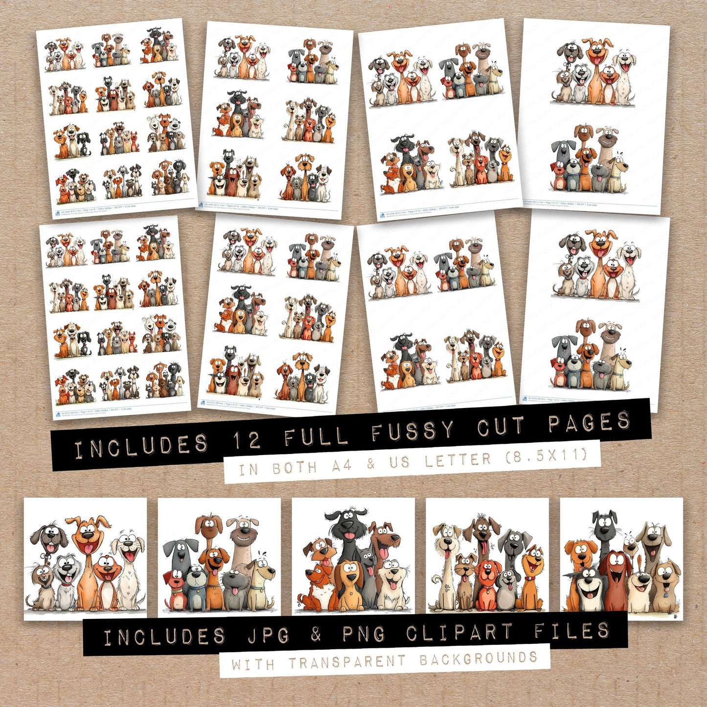 Full collection view of Cute Group of Funny Dogs fussy cut sheets with bonus clipart JPG and PNG files