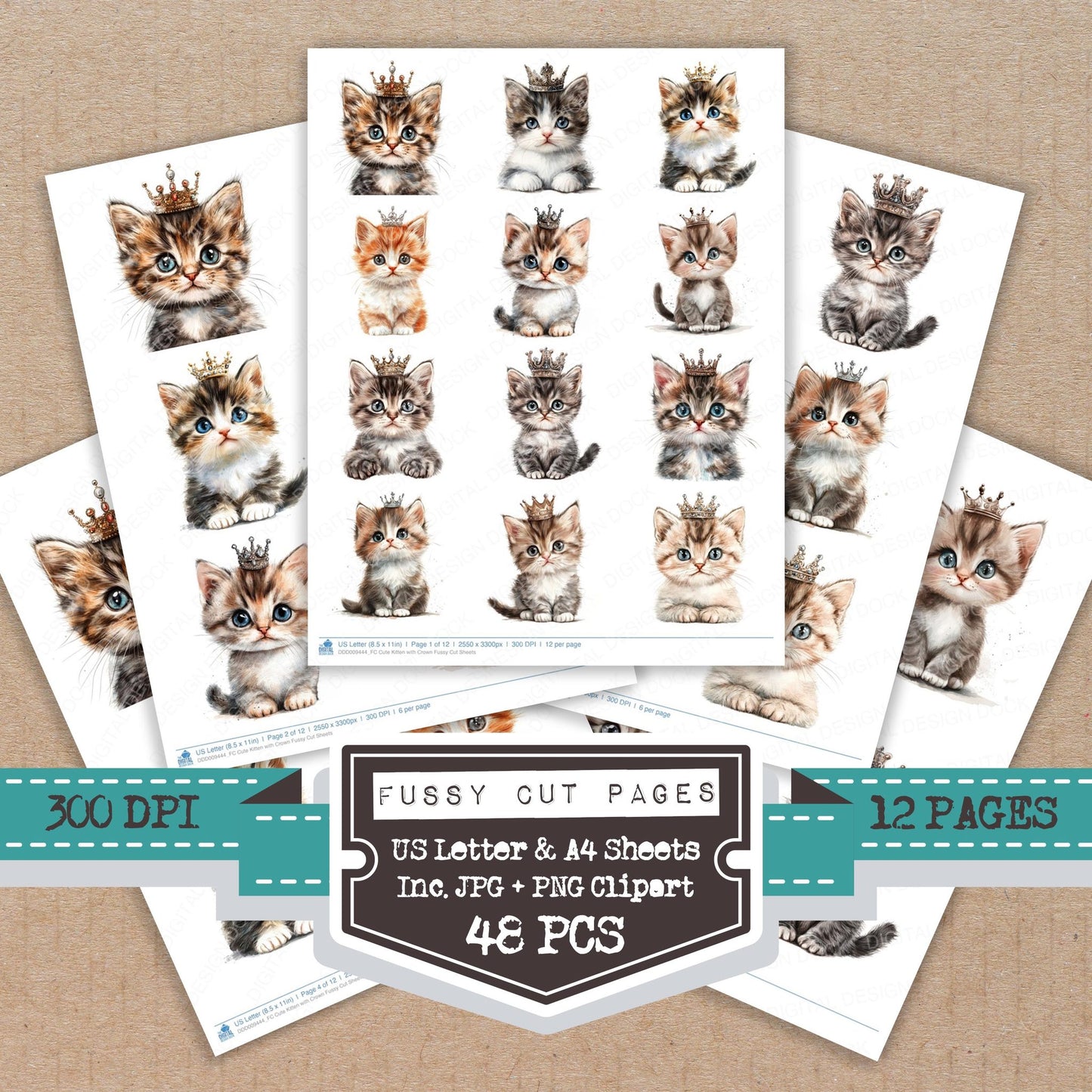 Cute Kitten with Crown fussy cut printable sheets for junk journaling, scrapbooking, and paper craft projects