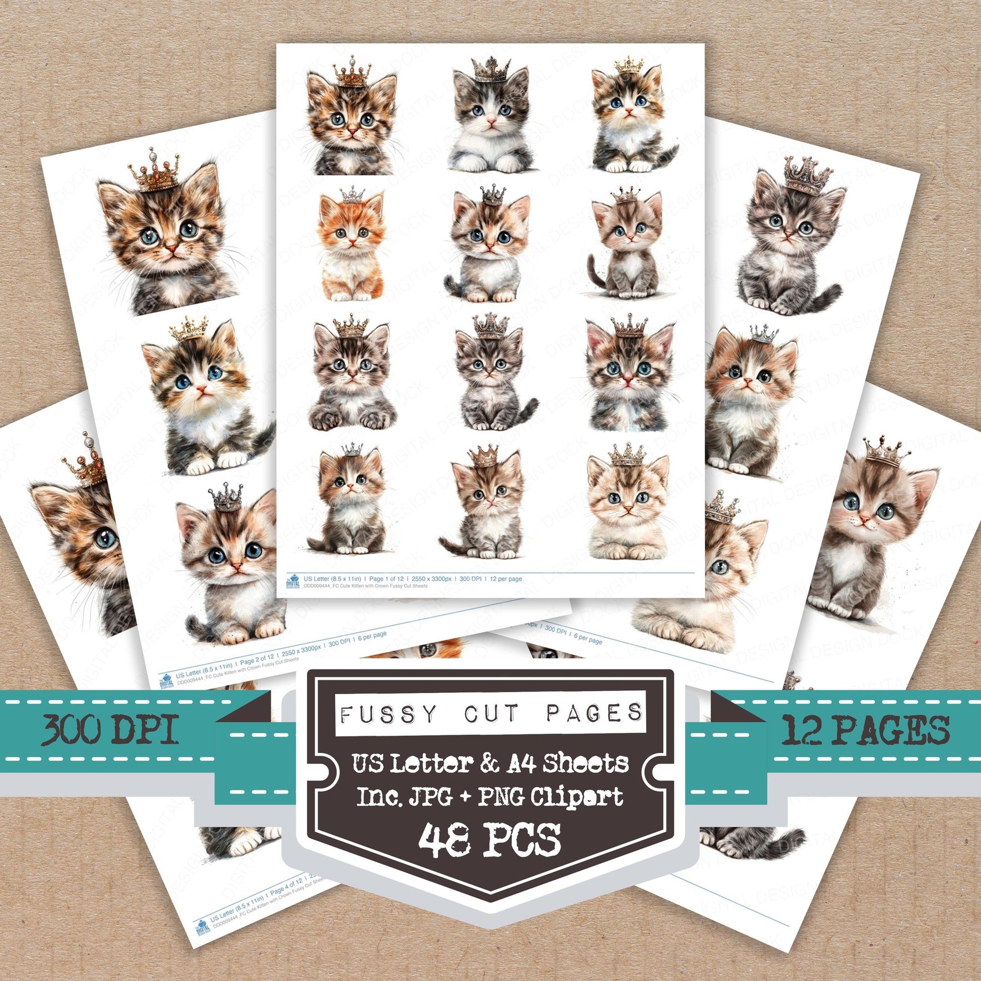 Cute Kitten with Crown fussy cut printable sheets for junk journaling, scrapbooking, and paper craft projects