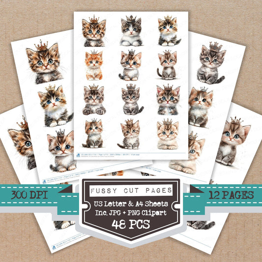 Cute Kitten with Crown fussy cut printable sheets for junk journaling, scrapbooking, and paper craft projects