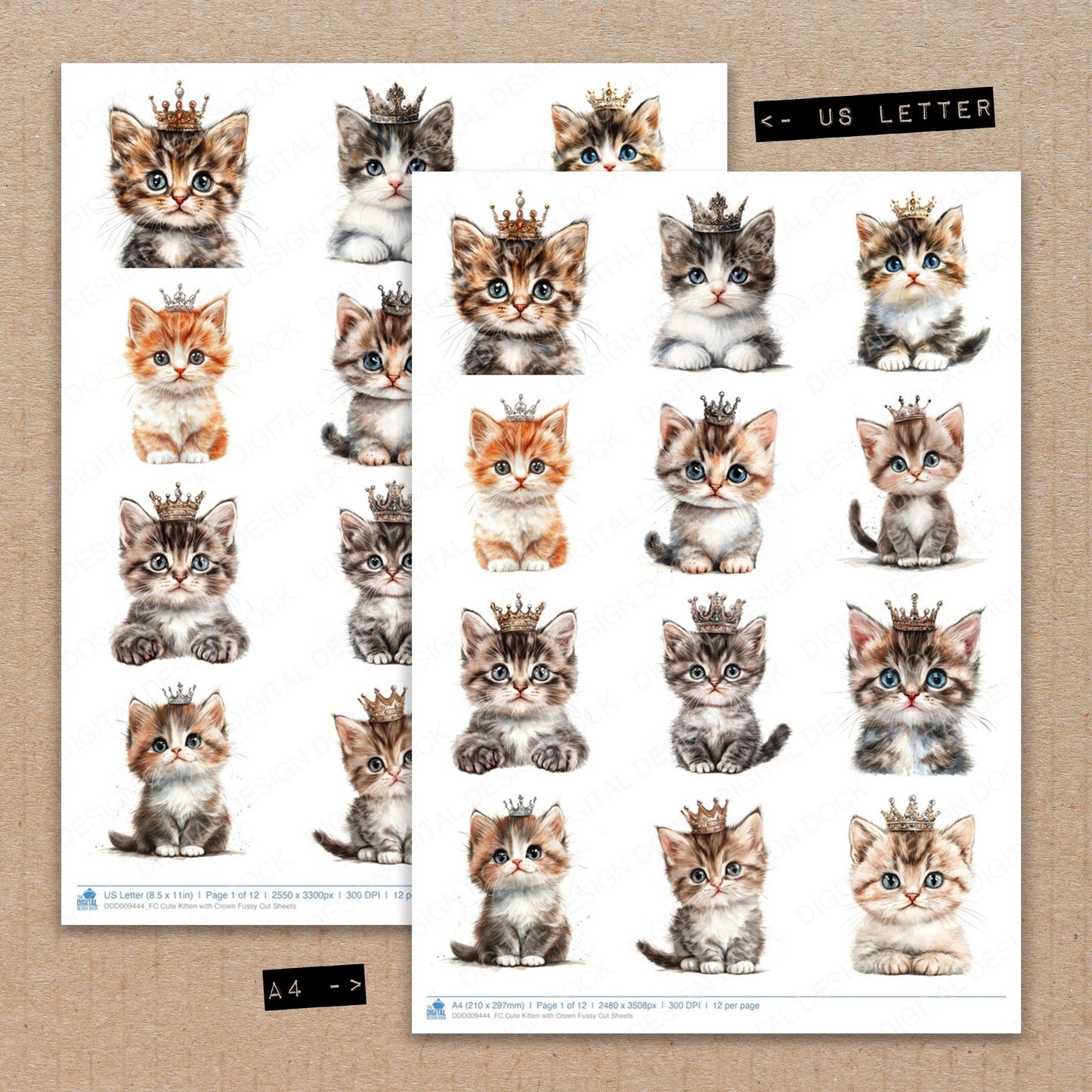 A4 and US Letter format comparison showing Cute Kitten with Crown fussy cut pages for print and cut crafting