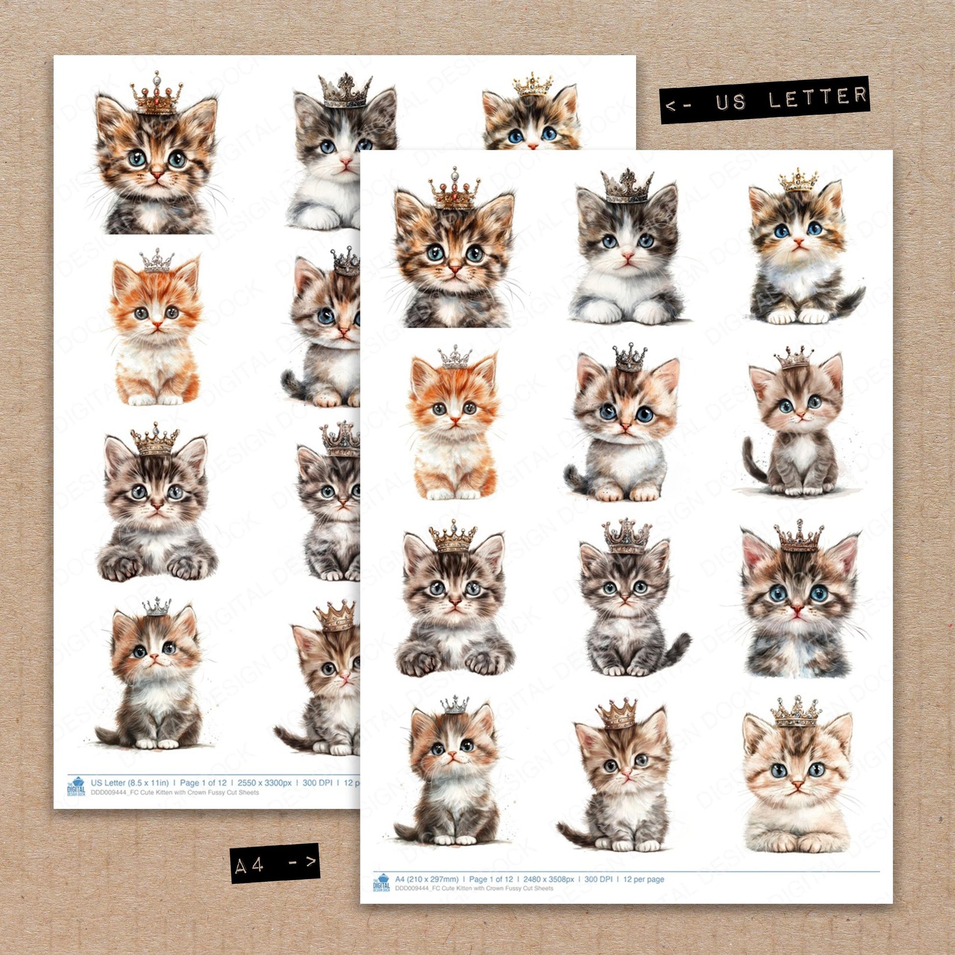 A4 and US Letter format comparison showing Cute Kitten with Crown fussy cut pages for print and cut crafting