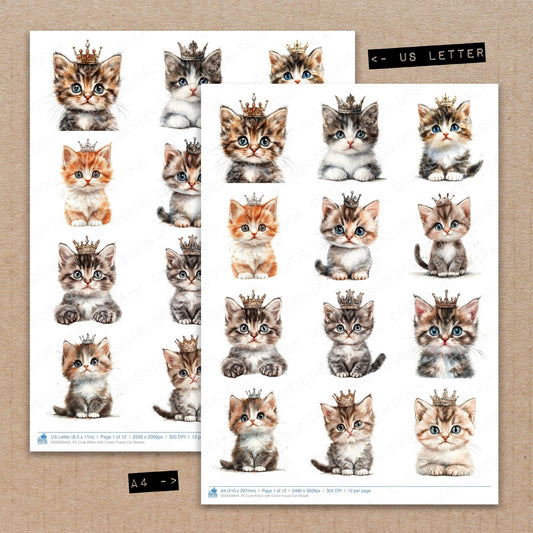 A4 and US Letter format comparison showing Cute Kitten with Crown fussy cut pages for print and cut crafting