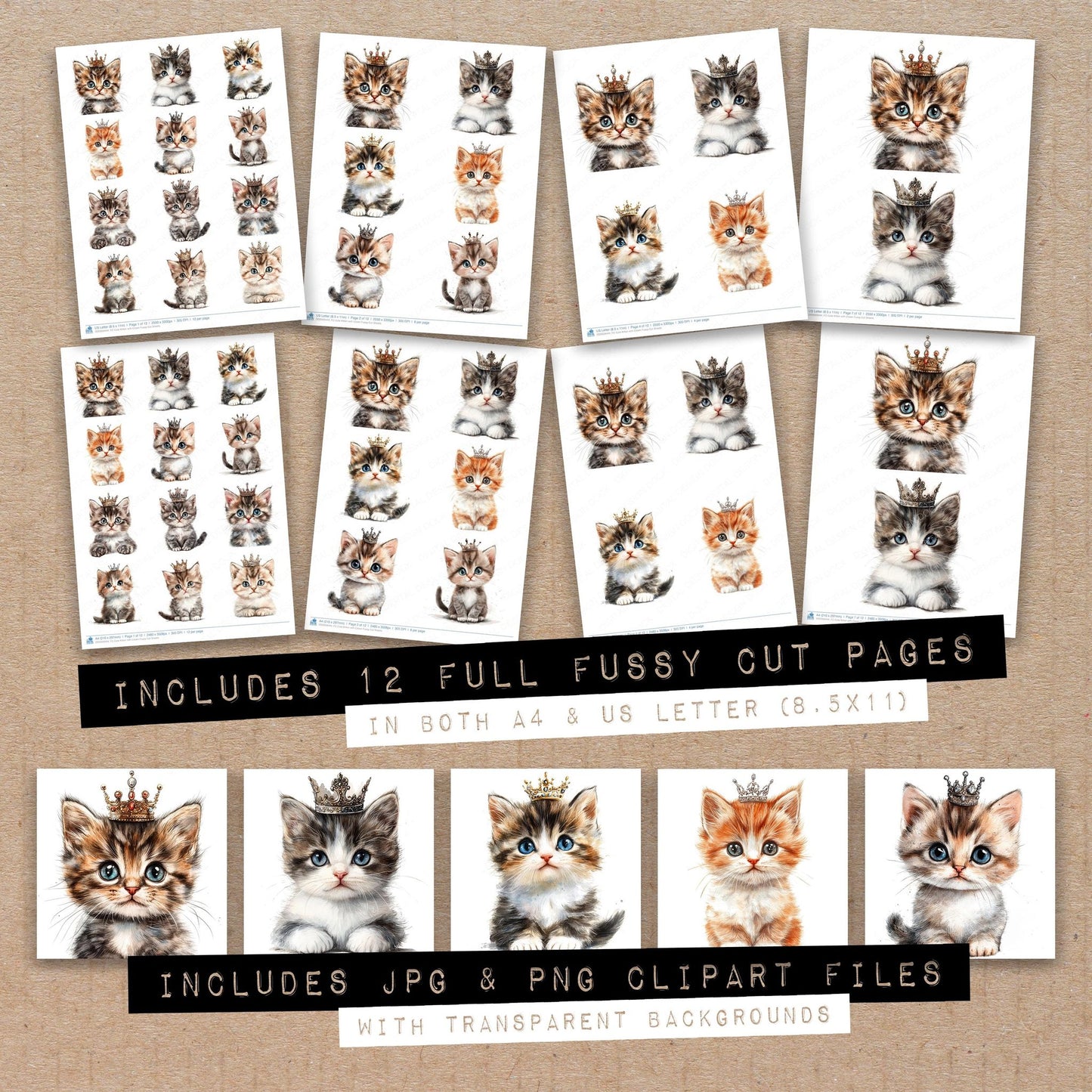 Full collection view of Cute Kitten with Crown fussy cut sheets with bonus clipart JPG and PNG files