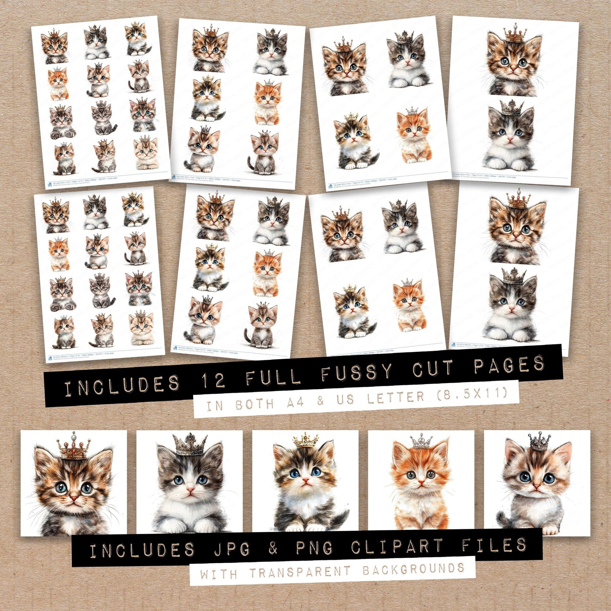 Full collection view of Cute Kitten with Crown fussy cut sheets with bonus clipart JPG and PNG files
