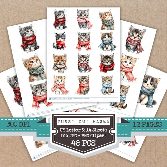 Cute Kitten with Scarf fussy cut printable sheets for junk journaling, scrapbooking, and paper craft projects