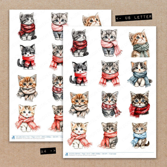 A4 and US Letter format comparison showing Cute Kitten with Scarf fussy cut pages for print and cut crafting