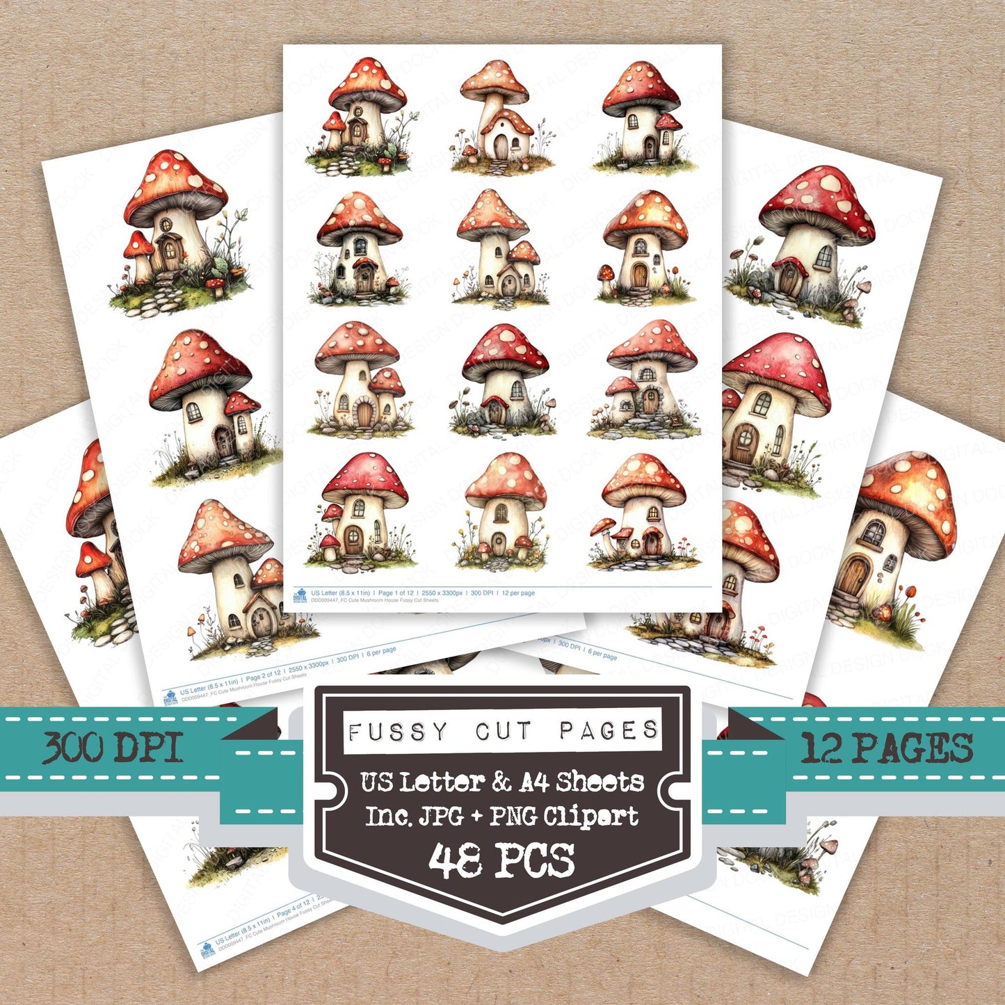 Cute Mushroom House fussy cut printable sheets for junk journaling, scrapbooking, and paper craft projects