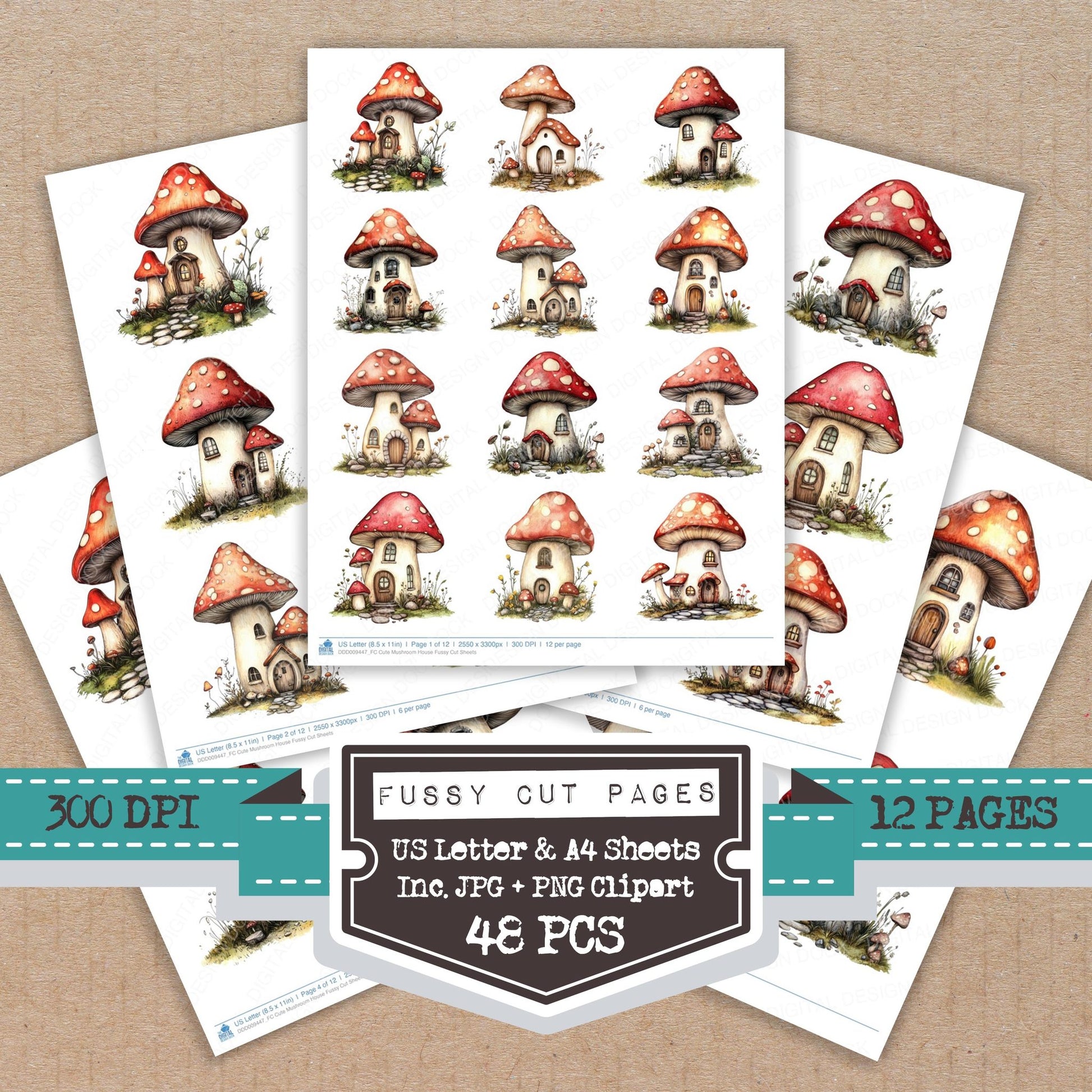 Cute Mushroom House fussy cut printable sheets for junk journaling, scrapbooking, and paper craft projects