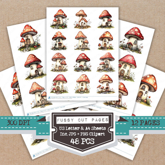 Cute Mushroom House fussy cut printable sheets for junk journaling, scrapbooking, and paper craft projects