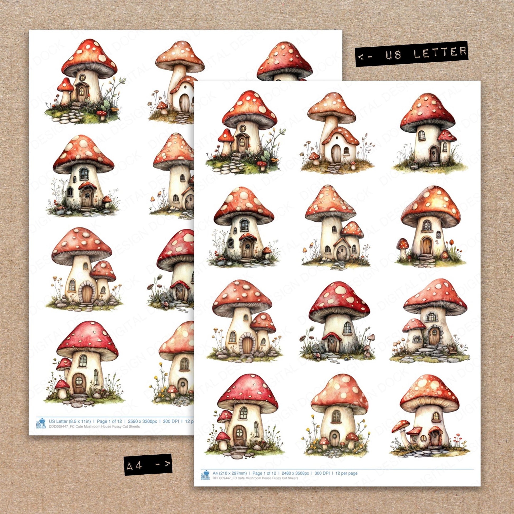 A4 and US Letter format comparison showing Cute Mushroom House fussy cut pages for print and cut crafting