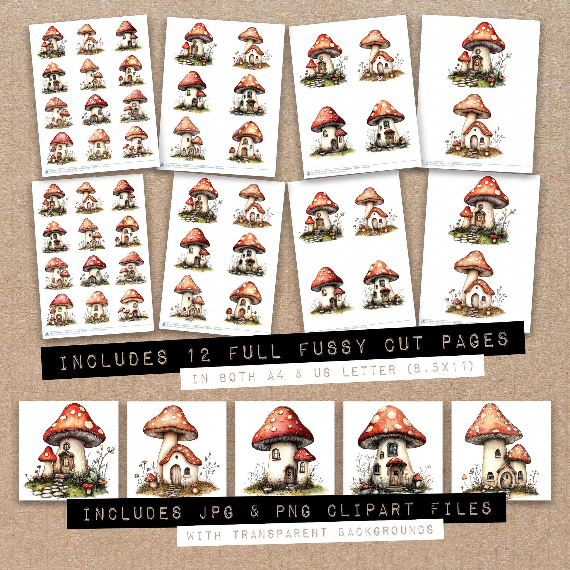 Full collection view of Cute Mushroom House fussy cut sheets with bonus clipart JPG and PNG files