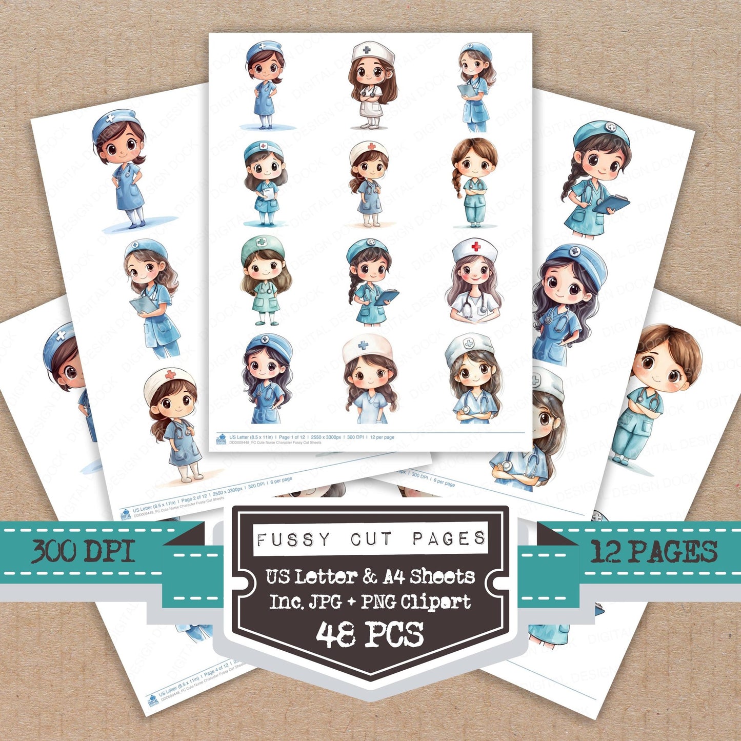 Cute Nurse Character fussy cut printable sheets for junk journaling, scrapbooking, and paper craft projects