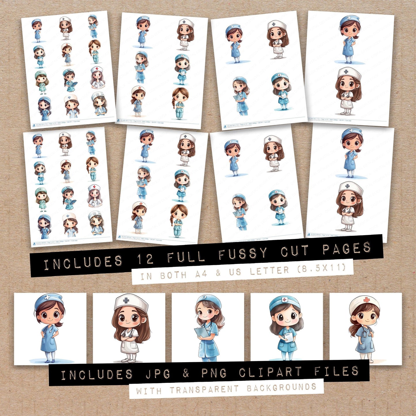 Full collection view of Cute Nurse Character fussy cut sheets with bonus clipart JPG and PNG files