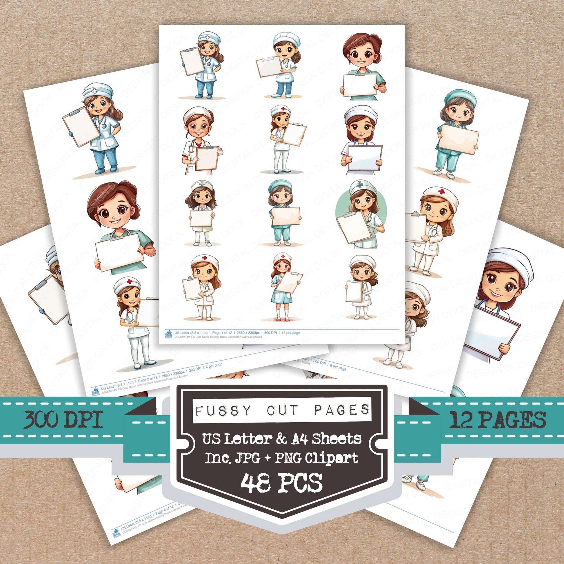 Cute Nurse Holding Blank Clipboard fussy cut printable sheets for junk journaling, scrapbooking, and paper craft projects