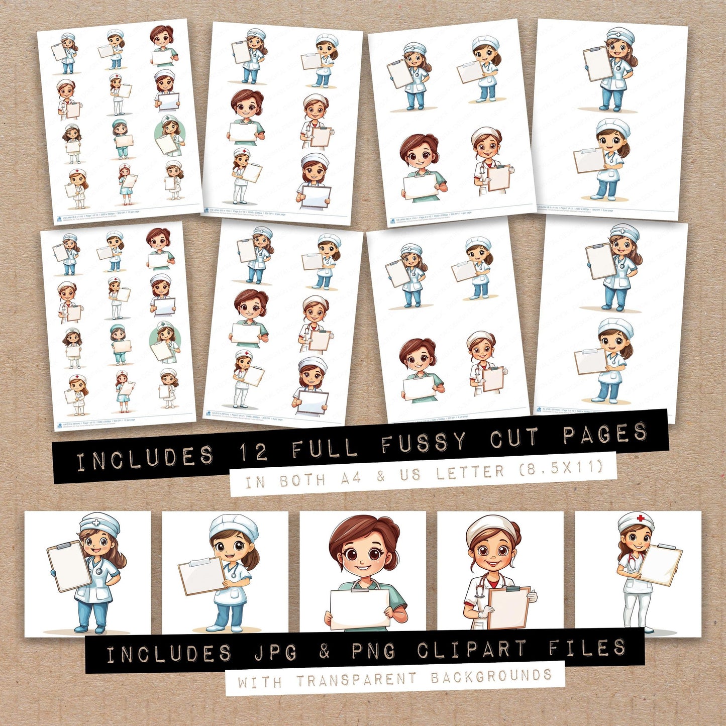 Full collection view of Cute Nurse Holding Blank Clipboard fussy cut sheets with bonus clipart JPG and PNG files