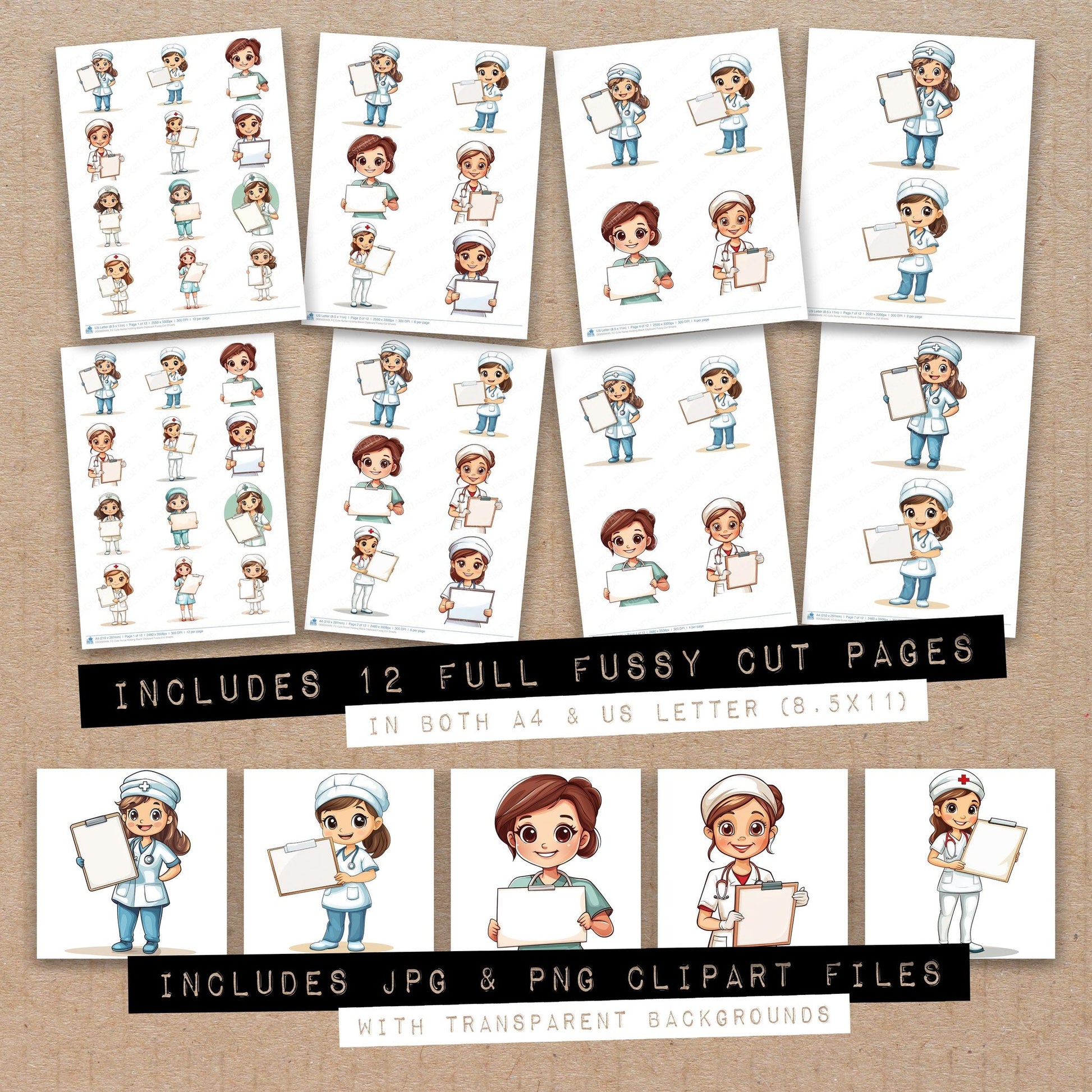 Full collection view of Cute Nurse Holding Blank Clipboard fussy cut sheets with bonus clipart JPG and PNG files