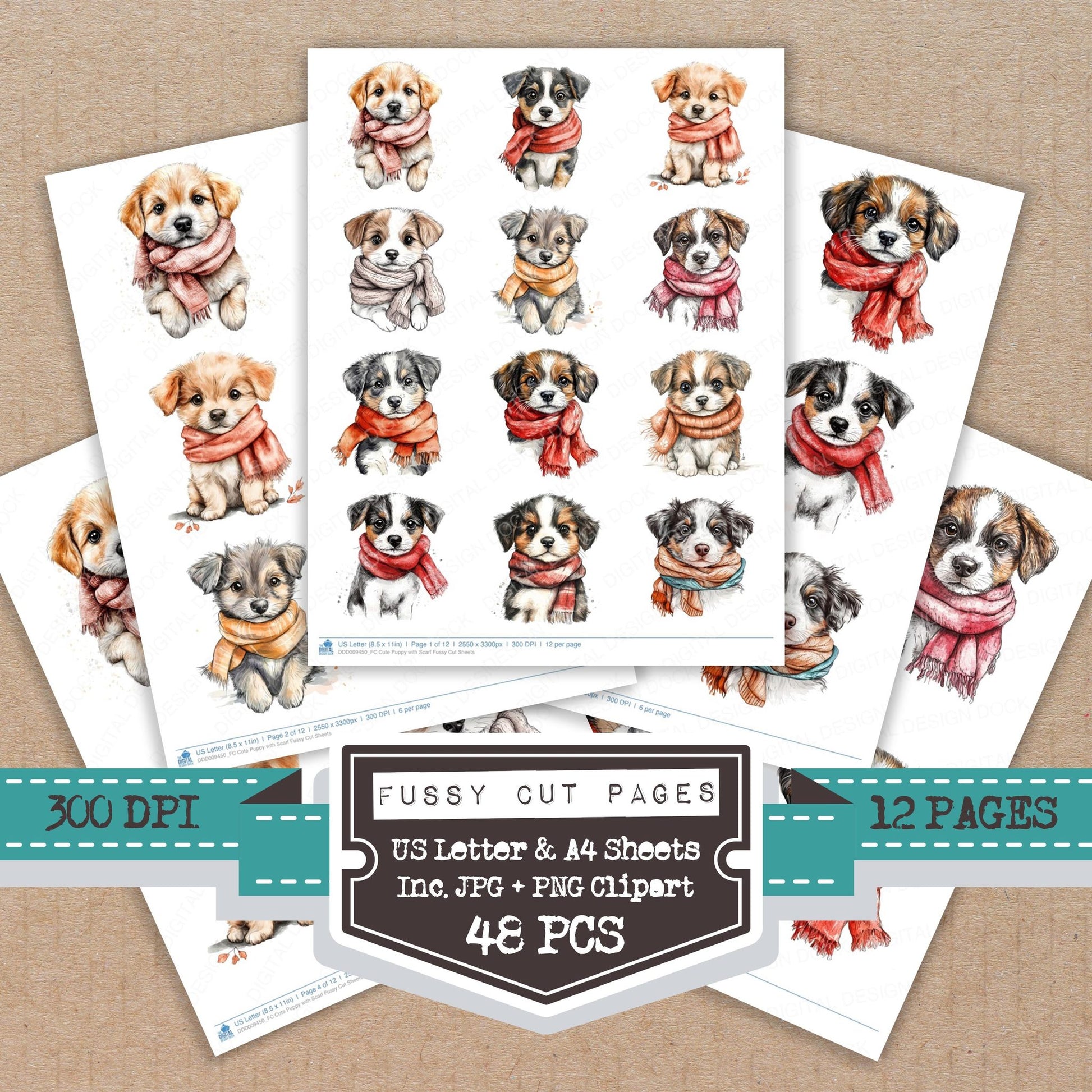 Cute Puppy with Scarf fussy cut printable sheets for junk journaling, scrapbooking, and paper craft projects